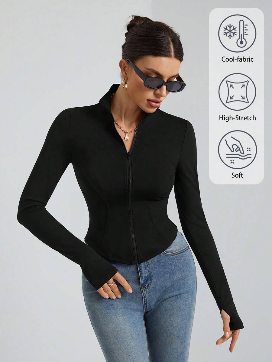 SHEIN Tall Women's Sun Protection Basic Jacket High Elastic Knitted Fabric In Fall/Winter - Black - View 1