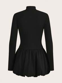 COSMINA Women's Solid Color Stand Collar Long Sleeve Lantern Hem Fashion Mini Dress, Autumn