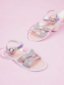 Lovely Rhinestone Pearl Glitter Bow Silver Casual Flat Sandals For Children Girls - Silver - View 3