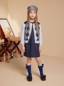 PrepCrw Young Girl Casual Diamond Pattern Button-Up Cardigan, Suitable For Autumn/Winter - Blue - View 7