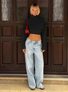 SHEIN EZwear Women's New Arrival High Neck Solid Color Crop Long Sleeve Sweater,Long Sleeve Tops In Fall/Winter - Black - View 4