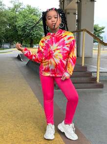 SHEIN 2pcs/Set Tween Girls Yellow & Fuchsia Tie Dye Graphic Tee And Fuchsia Leggings Streetwear Set - Multicolor - View 4