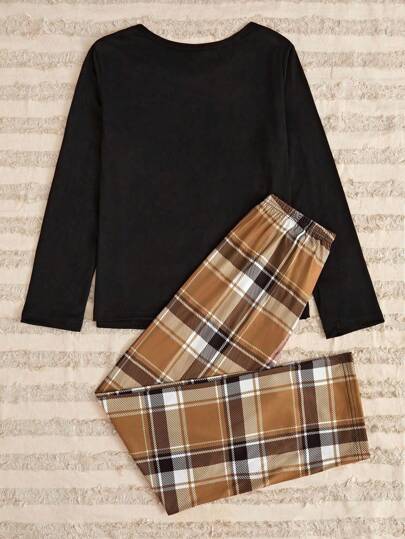 Cartoon Graphic Tee Plaid Pants PJ Set Pajama Set, Fall Clothes Cozy Elegante s, view 2