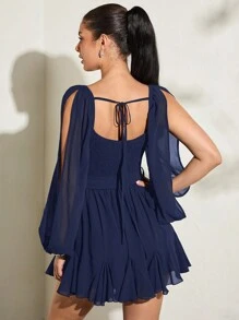 SHEIN BAE Vestido ligero y transparente con mangas acampanadas divididas, color negro sólido, escote corazón sexy con lazo, casual para vacaciones y fiestas en la playa