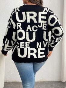 Calvaya Plus Size Crew Neck Letter Pattern Casual Long Sleeve Sweater Knit Pullover Fall Winter - Black - View 2