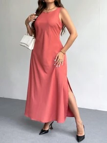 SHEIN Clasi 大码纯色圆领无袖开衩下摆休闲连衣裙 - 橘色 - 查看 6