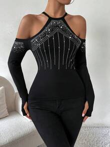 SHEIN Privé 1 件女士性感优雅镂空水钻装饰长袖衬衫 - 黑色 - 查看 6