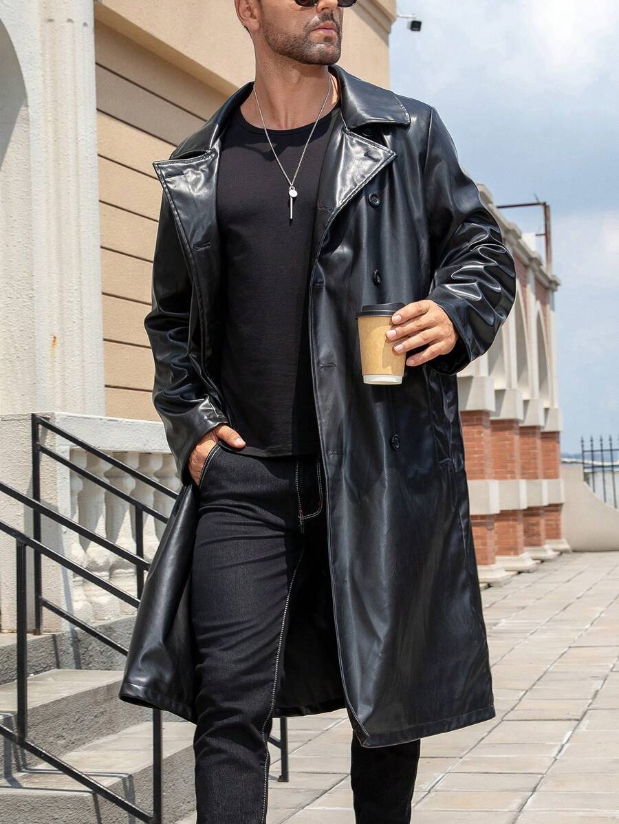 Manfinity LEGND 男士翻领双排扣长袖时尚迷人夹克 - 黑色 - 查看 1