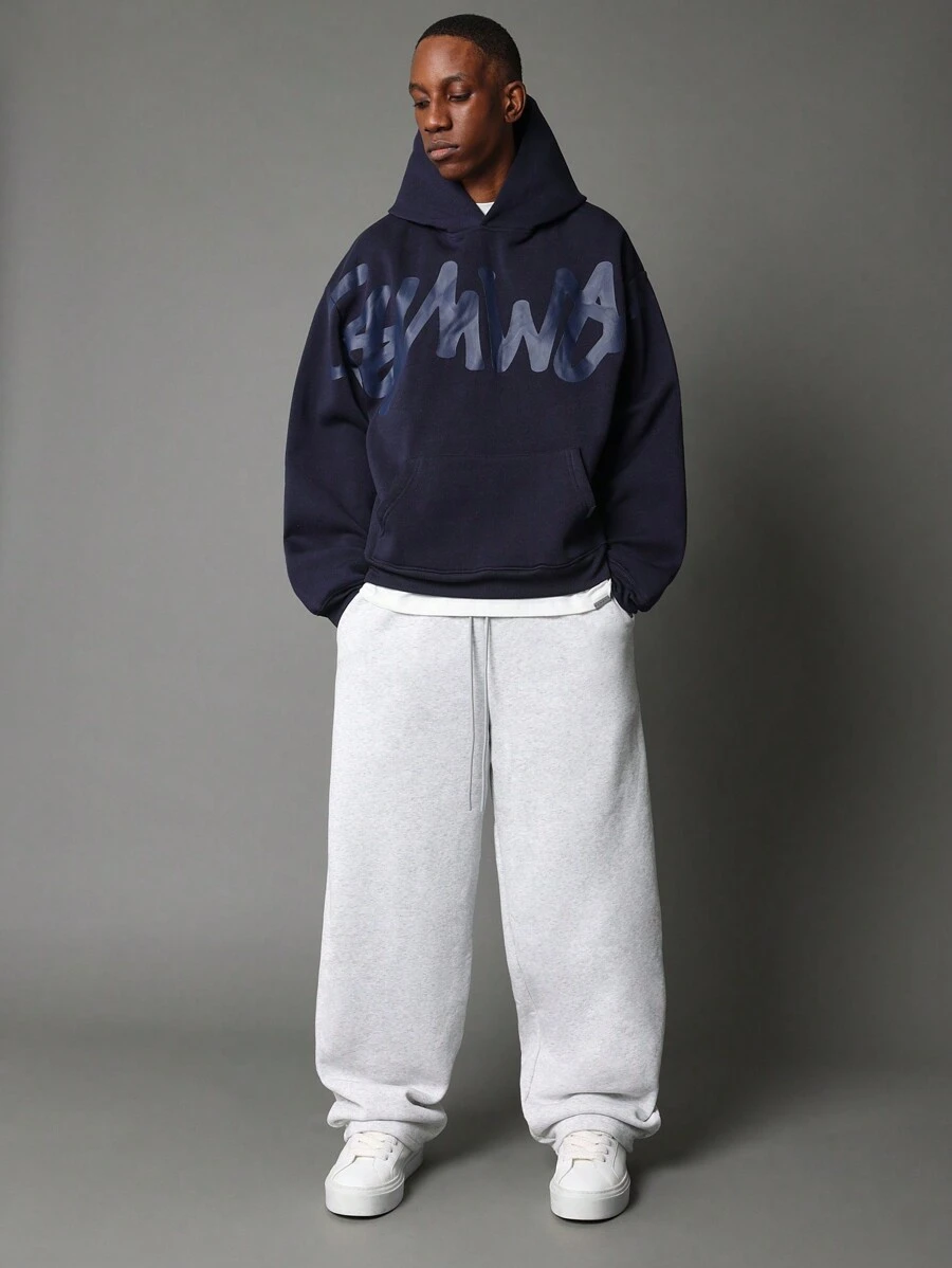 SUMWON Áo hoodie chui đầu cỡ lớn in họa tiết Graffiti thời trang đường phố có túi Kangaroo phong cách đô thị thường ngày mùa đông cho thanh thiếu niên - Màu xanh hải quân - Xem 1