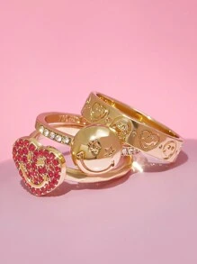 SmileyWorld® | SHEIN Women 3pcs/Set Cartoon Expressions Pattern Crystal Decor Golden Rings, Fashion Jewelry - Gold - View 4