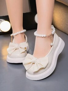 1 đôi giày công chúa đế bằng đơn giản màu trơn trang trí nơ, mũi tròn bằng da PU, thoải mái, phù hợp cho mùa xuân và mùa thu - Màu be - Xem 2