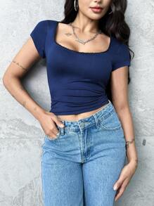 SHEIN EZwear Maglietta casual aderente semplice a maniche corte con collo a giro in tinta unita di moda per donna