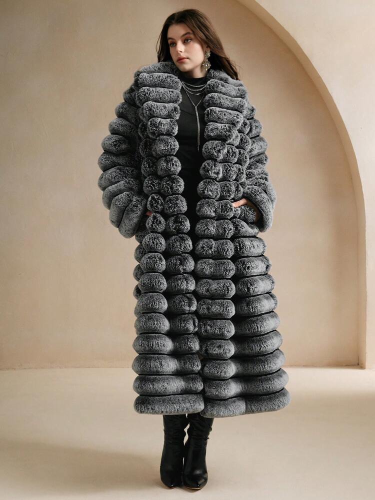 Nuevo abrigo esponjoso de otoño/invierno, de longitud media, para mujeres de talla grande, moda de piel de conejo falsa para ropa de fiesta de vacaciones