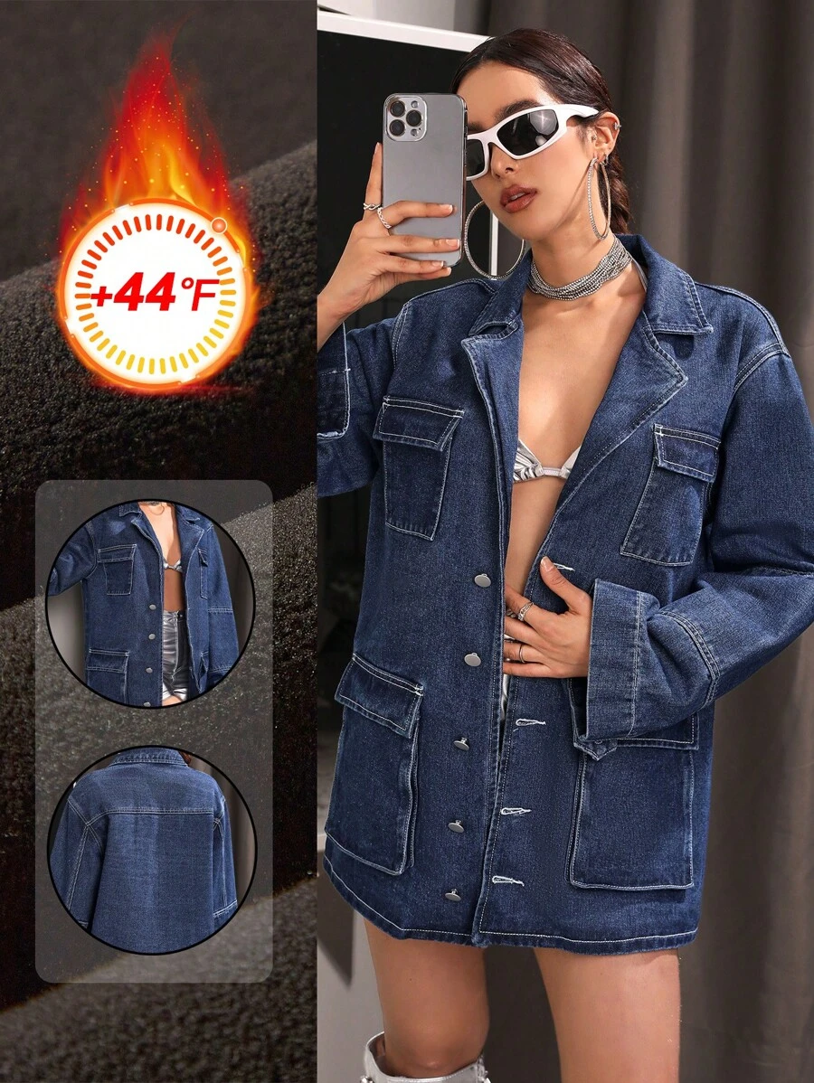 SHEIN ICON 女士休闲日常保暖缺口领宽松前扣牛仔夹克，秋季保暖加厚牛仔布 - 藍色 - 查看 1