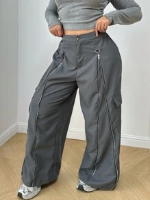 SHEIN MOOSTA Loose Plus Size Casual Pants With Zipper & Flared Leg Design - Grey - View 3