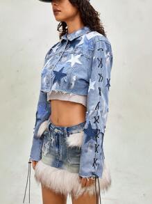 ROMWE Grunge Punk Motorcyclist Functional Pentagon Star Patch Metal Studded Sleeve Strap Denim Jacket - Multicolor - View 2