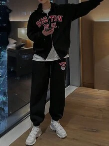 DAZY Letter Print Thermal Lined Sweatshirt Set For Men, Autumn