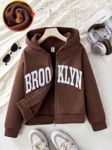 SHEIN 布鲁克林印花休闲时尚学院风拉链卫衣，带保暖内衬，适合青少年女孩穿着。 - 咖啡棕 - 查看 1