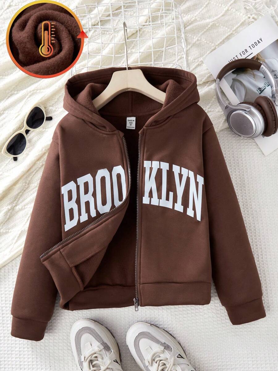 SHEIN 布鲁克林印花休闲时尚学院风拉链卫衣，带保暖内衬，适合青少年女孩穿着。 - 咖啡棕 - 查看 1