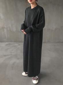 FRIFUL 女士纯色圆领落肩长袖长款休闲毛衣连衣裙，秋冬 - 深灰色 - 查看 2