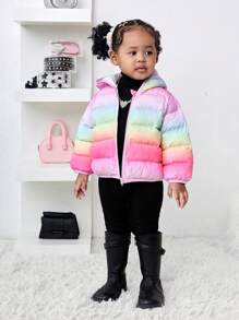 SHEIN Baby Girl Colorful Ombre Hooded Thick Fleece Jacket, Warm And Versatile For Autumn/Winter