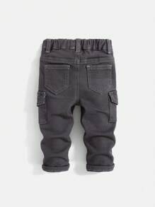 SHEIN Pantalones de carga de mezclilla de alto estiramiento gris oscuro estilo callejero para bebés niños, para usar a diario en otoño/invierno