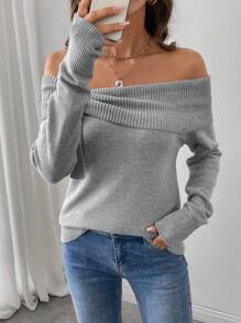 SHEIN Unity Women Casual Solid Color Off-Shoulder Sweater, Autumn, Knit Pullover Fall Winter - Grey - View 6