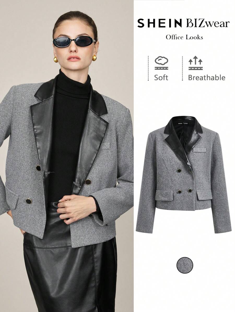 BizChic 女士灰色西装外套，长袖加厚，优雅适合圣诞节、新年派对、秋冬季， - 灰色 - 查看 1
