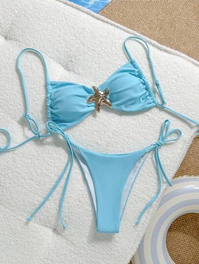 Swim Mod Conjunto de bikini informal de 2 piezas de unicolor para vacaciones con tirantes de espagueti, acento en forma de estrella y nudo lateral en triángulo para mujeres, verano