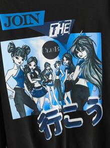 Winx Club X ROMWE 女士休闲卡通人物与字母印花不对称领口宽松运动衫，春/秋 - 黑色 - 查看 4