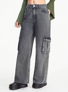 ROMWE Fairycore 女士休闲前扣多口袋翼形印花牛仔裤 - 灰色 - 查看 6