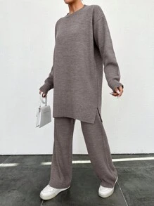 EURMUSE Women's Drop Shoulder Sweater And Sweater Pants Set - Camel - View 5