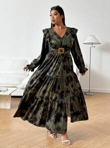 SHEIN Clasi Plus Size V-Neck Long Sleeve Pleated All-Over Graphic Print Casual Dress Fall Cloth For Women - Army Green - View 1