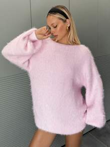 SHEIN EZwear Casual Solid V-Neck Backless Fluffy Sweater Dress, Autumn/Winter