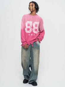 ROMWE MEN Street Life 男士仿旧渐变色撕边星星和数字图案套头衫 - 粉色 - 查看 4
