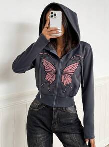 Seusyu Women's Butterfly Print Minimalist Front Zip Up Hoodie Sweatshirt - Dark Grey - View 1