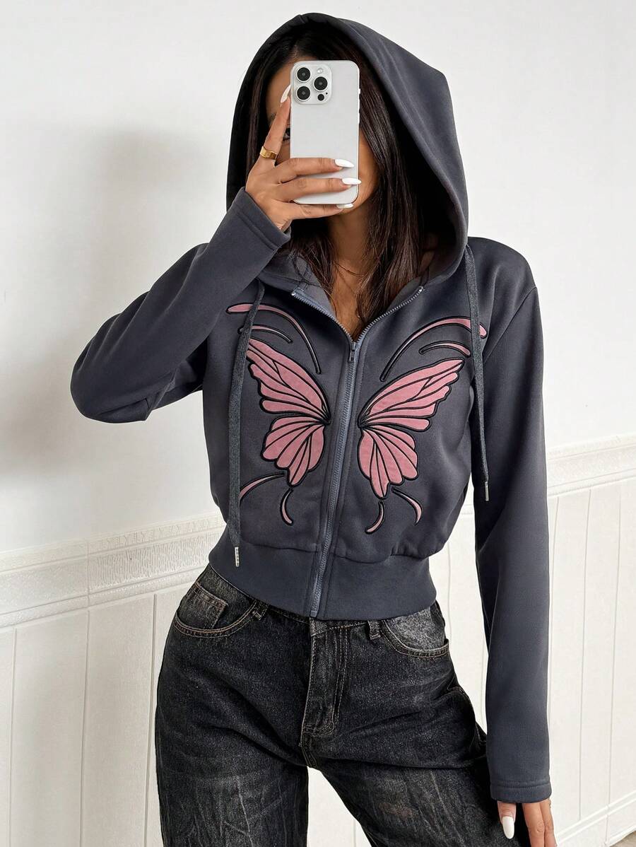 Seusyu Women's Butterfly Print Minimalist Front Zip Up Hoodie Sweatshirt - Dark Grey - View 1