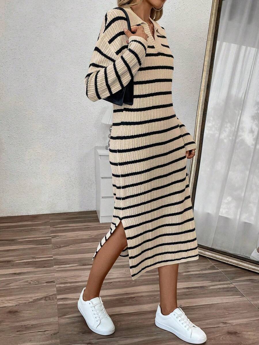 Chiquease Women Polo Collar V-Neck Striped Low Slit Casual Long Sweater Dress