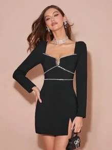 Enchnt Spring/Summer Romantic Women's Sexy Sweetheart Black Sparkling Rhinestone Decor Split Hem Short Party Dress,Sweet&Elegant Outfit For Sweet Date Night &Wedding Guest Dress Women &Holiday & Graduation Dress&Daily Commuting&Vacation&Garden Parties & Concert Outfit Women - Black - View 7