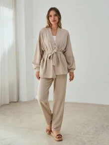 RueChic Cotton Drop Shoulder Belted Coat & Pants - Apricot - View 7