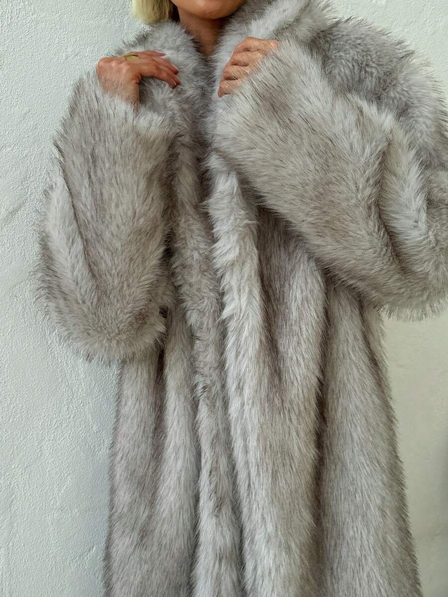 Firerie Autumn/Winter New Warm Elegant Party Date Meeting Sexy Lapel Long Fluffy Coat, High-End Designbusiness , Casual, Casual, Faux Fur, Plush, Long Sleeve - Grey - View 1