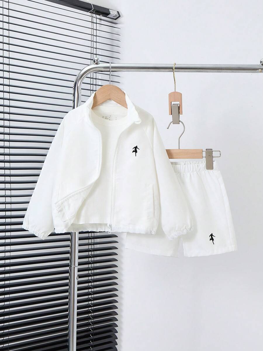 SHEIN 年輕男孩2入組休閒運動刺繡拉鍊外套和短褲夏季套裝 - 白色 - 查看 1