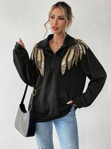 Chiquease Women Casual Solid High Collar Half-Opening Color Block Golden Wing Sequins Sweatshirt Pullover Fall Outfit - Black - View 5