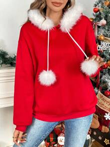 EMERY ROSE Christmas Women Furry Patchwork Hooded Casual Loose Sweatshirt, Autumn/Winter For New Year Clothes,Long Sleeve Tops Pullover Fall Outfit