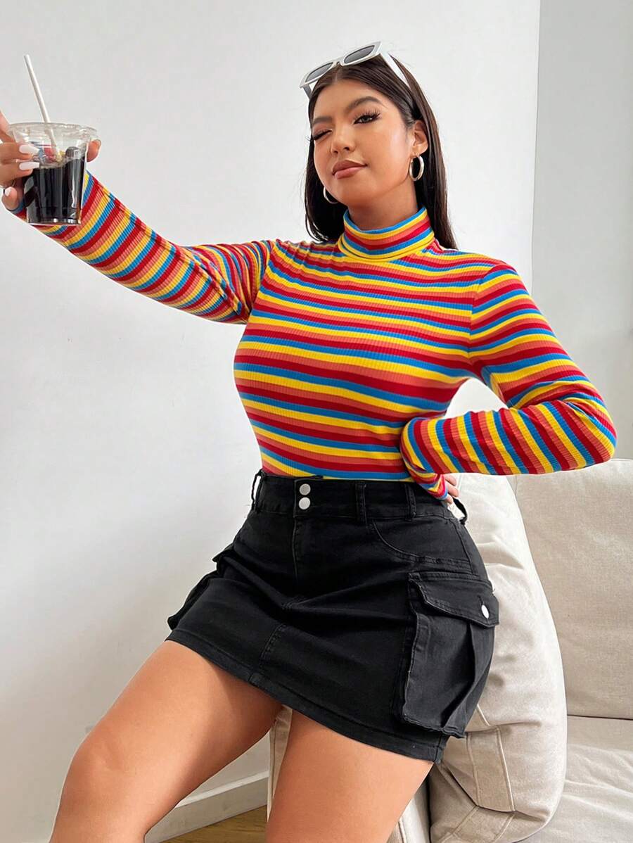 SHEIN EZwear 大码女式时尚彩色条纹高领 T 恤，秋季