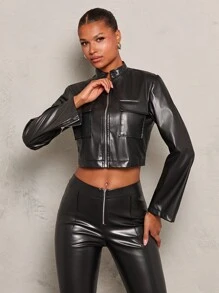 Glamine Chaqueta corta de mujer de piel de poliuretano negra con bolsillos, para otoño - Negro - Ver 7