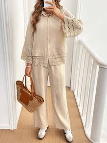 SHEIN Frenchy 2 件女士休闲单扣长袖 100% 纯棉衬衫和裤子套装，宽松版型，秋冬女装两件套秋季套装棕色套装女士秋季套装女士服装套装 - 杏色 - 查看 7