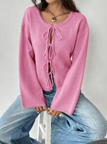 SHEIN EZwear 女士可爱粉色前系带宽松开衫，适合秋季 - 粉色 - 查看 5