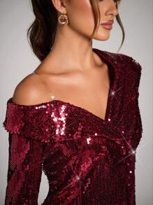 SHEIN BAE 华丽优雅天鹅绒派对宴会聚会亮片红色西装连衣裙、红色连衣裙圣诞女装、优雅连衣裙婚礼、万圣节女装 - 酒紅色 - 查看 6