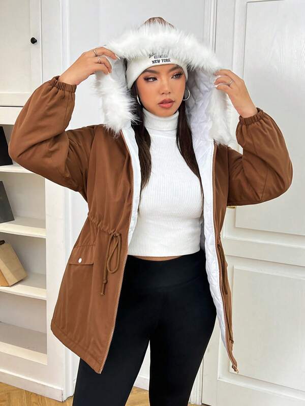 SHEIN EZwear Abrigo parka de talla grande para mujer, color marrón, con capucha, costuras con pelusa, cintura con cordón, ropa casual de invierno